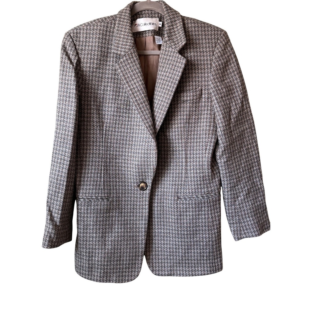 JH Collectibles Vintage 100% Wool Houndstooth Blazer Brown Grey Size 6‎